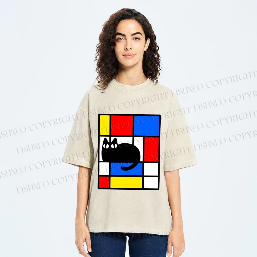 Unisex Mondrian Cat Printed Washed Tee