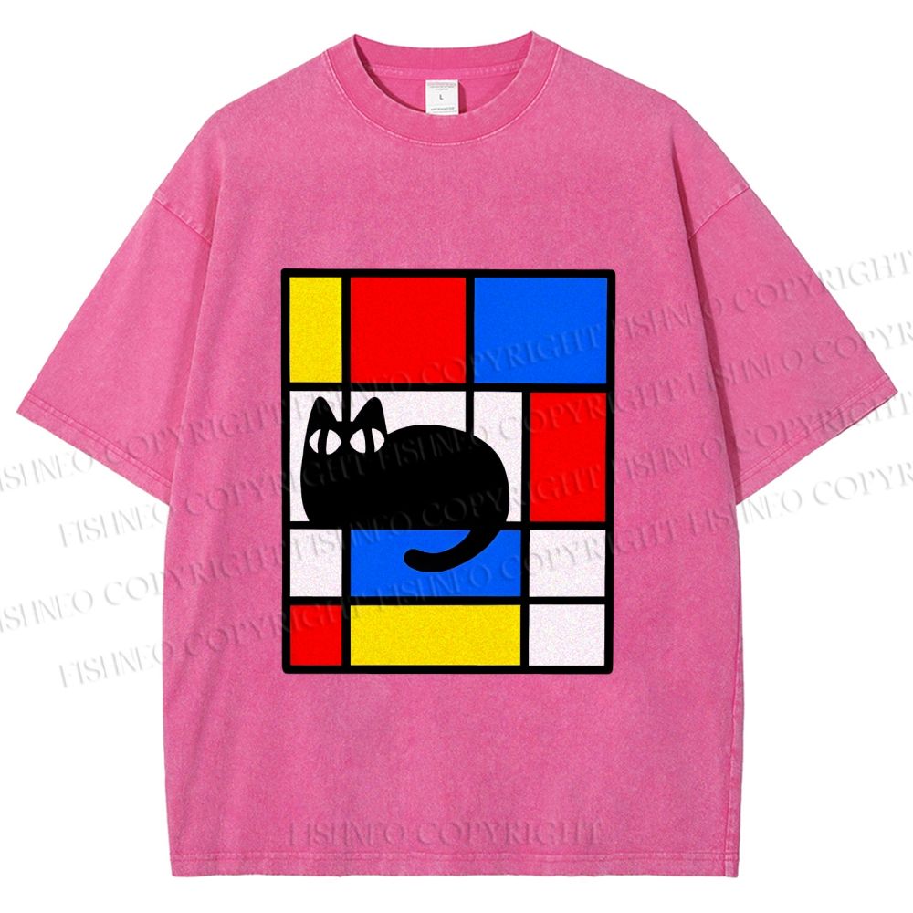 Unisex Mondrian Cat Printed Washed Tee