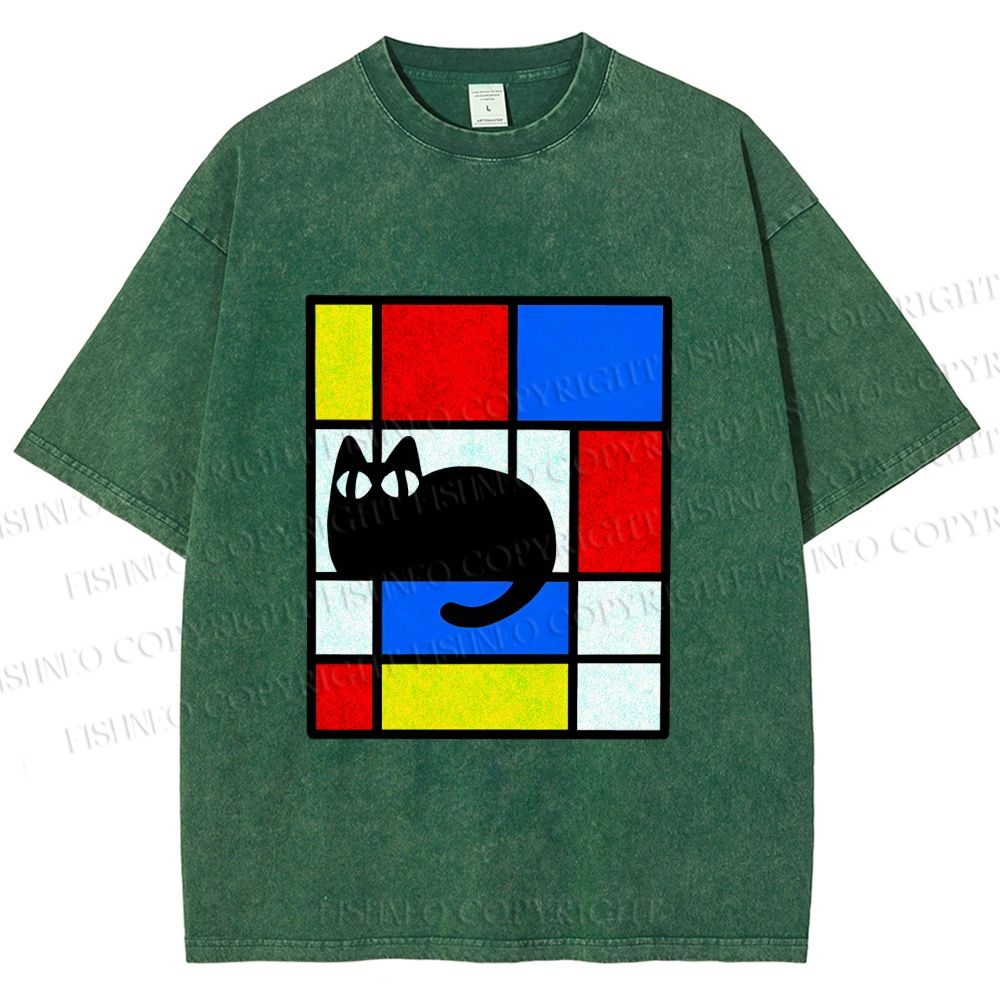 Unisex Mondrian Cat Printed Washed Tee
