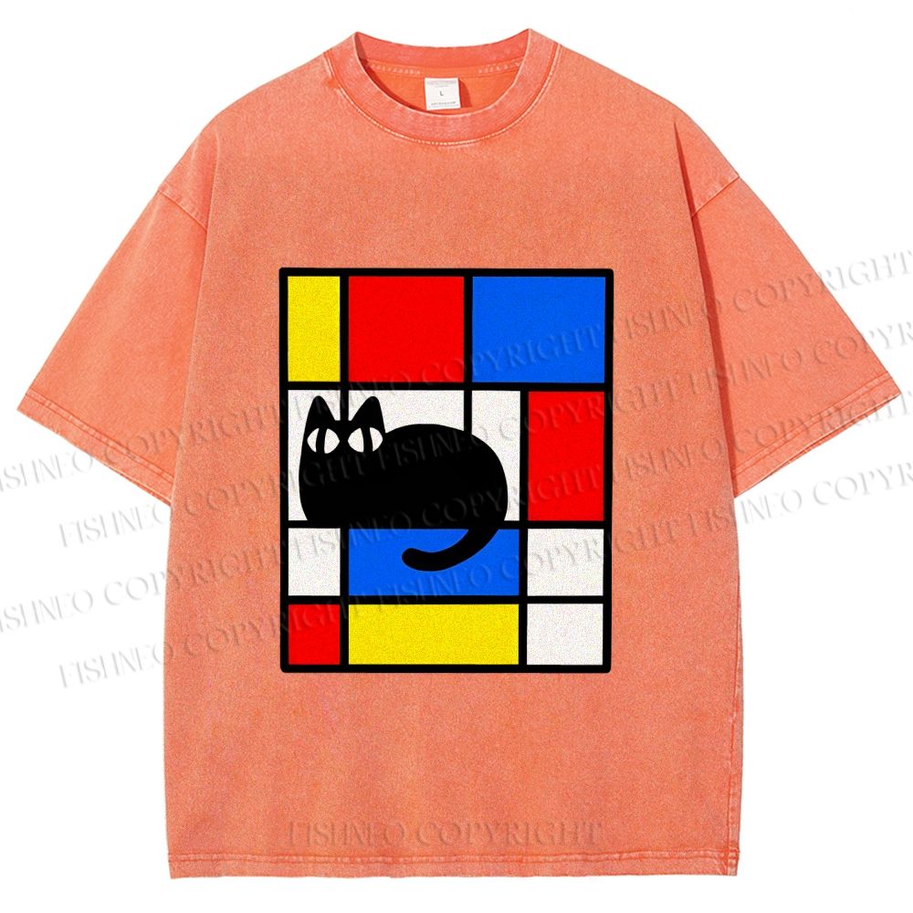 Unisex Mondrian Cat Printed Washed Tee