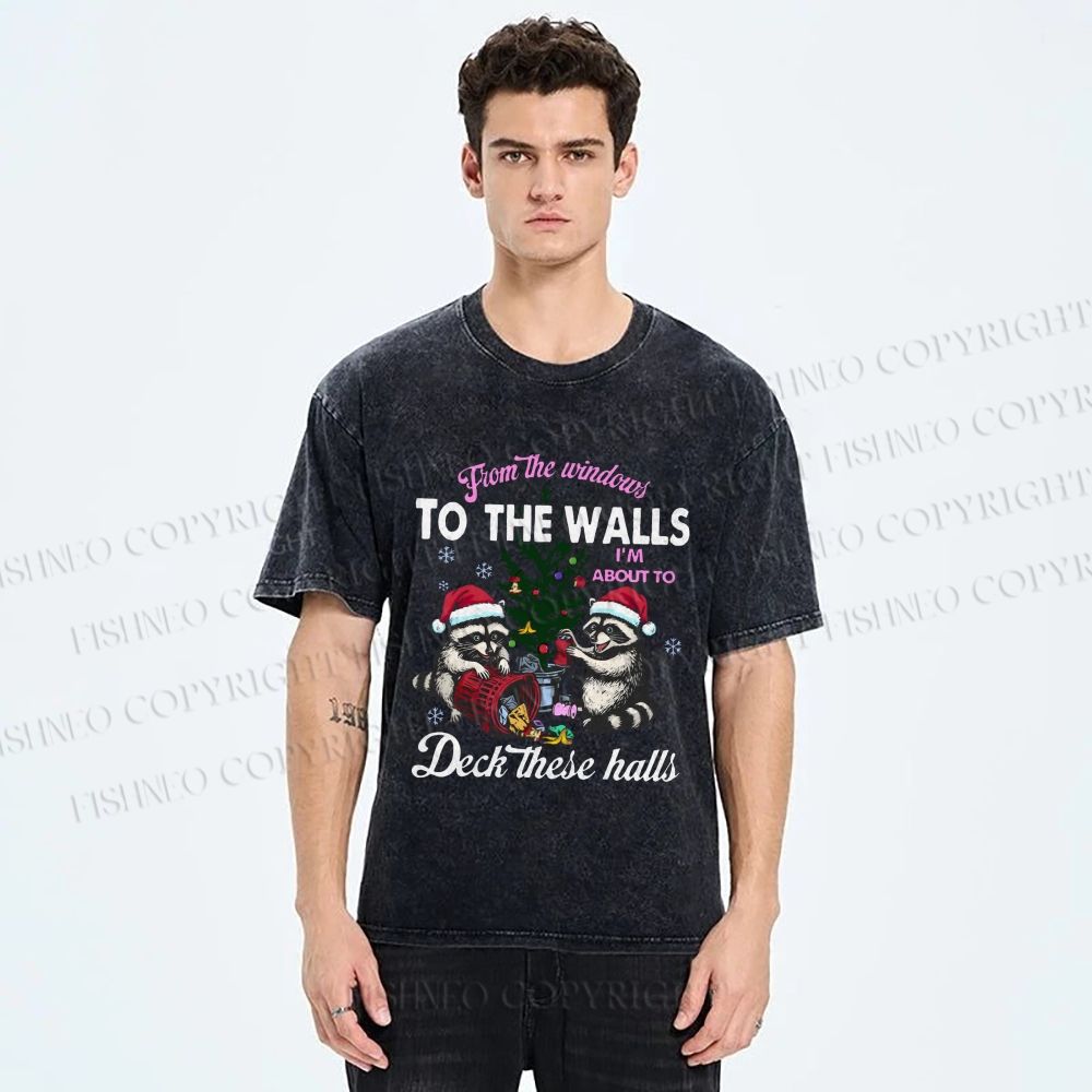 Unisex Raccoons Christmas Printed Washed Tee