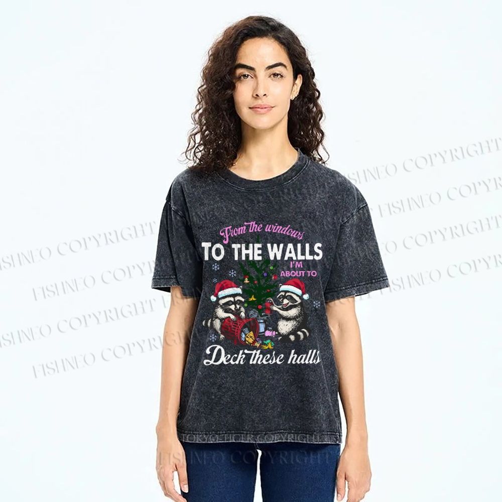 Unisex Raccoons Christmas Printed Washed Tee