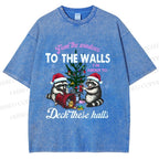 Unisex Raccoons Christmas Printed Washed Tee