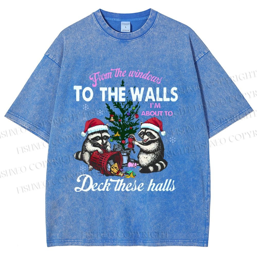 Unisex Raccoons Christmas Printed Washed Tee