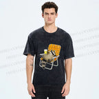 Unisex Raccoon Got Relax Having Drink Printed Washed Tee