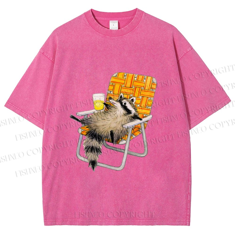 Unisex Raccoon Got Relax Having Drink Printed Washed Tee