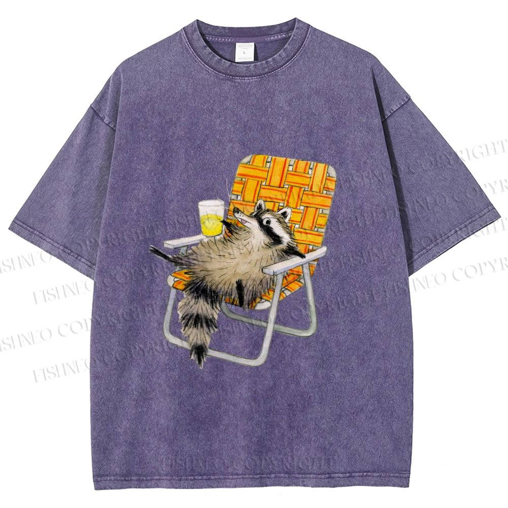 Unisex Raccoon Got Relax Having Drink Printed Washed Tee
