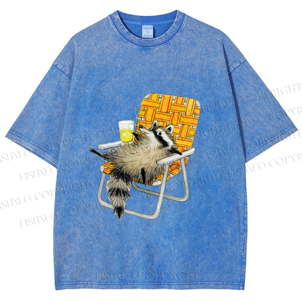 Unisex Raccoon Got Relax Having Drink Printed Washed Tee
