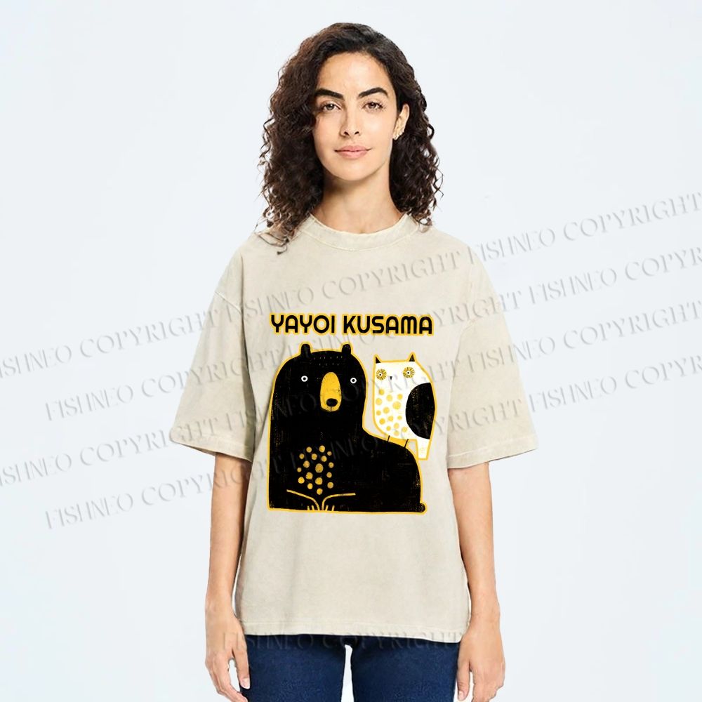 Unisex Yayoi Kusama Bear with Eagle Printed Washed Tee