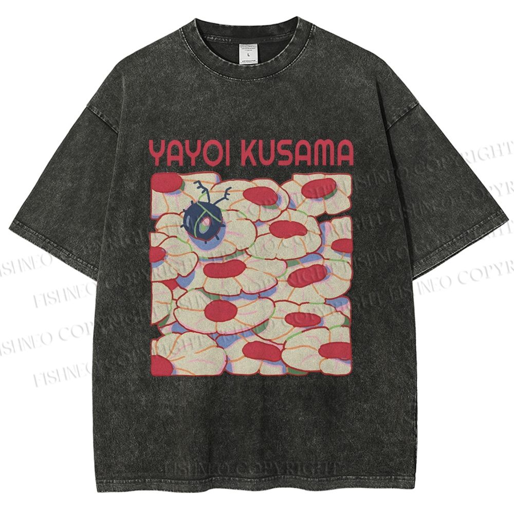Unisex Yayoi Kusama Pink Daisy With Ladybug Printed Washed Tee