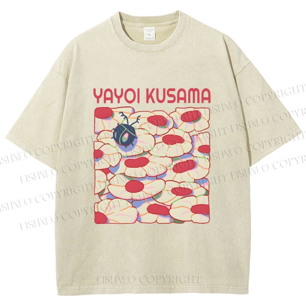 Unisex Yayoi Kusama Pink Daisy With Ladybug Printed Washed Tee