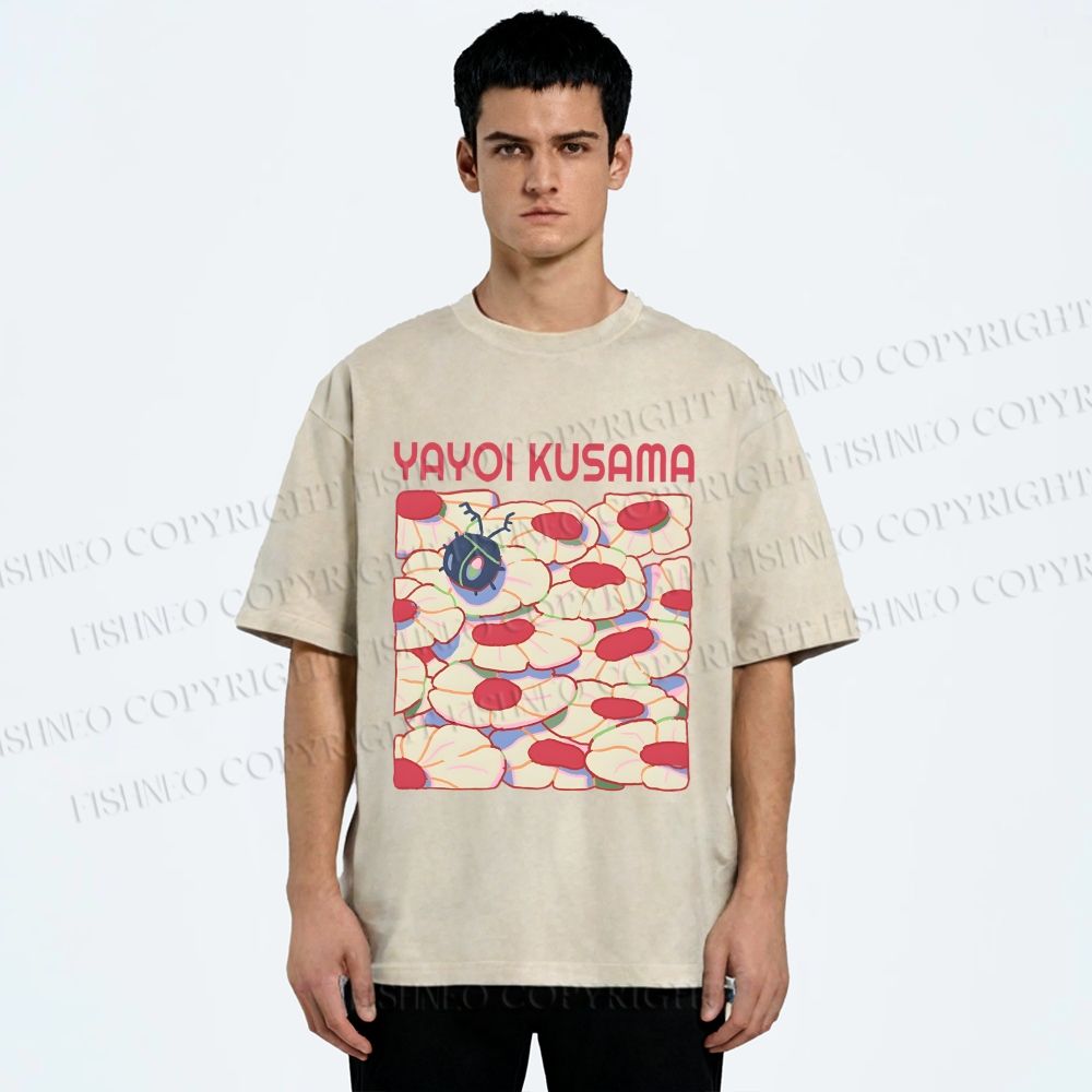 Unisex Yayoi Kusama Pink Daisy With Ladybug Printed Washed Tee