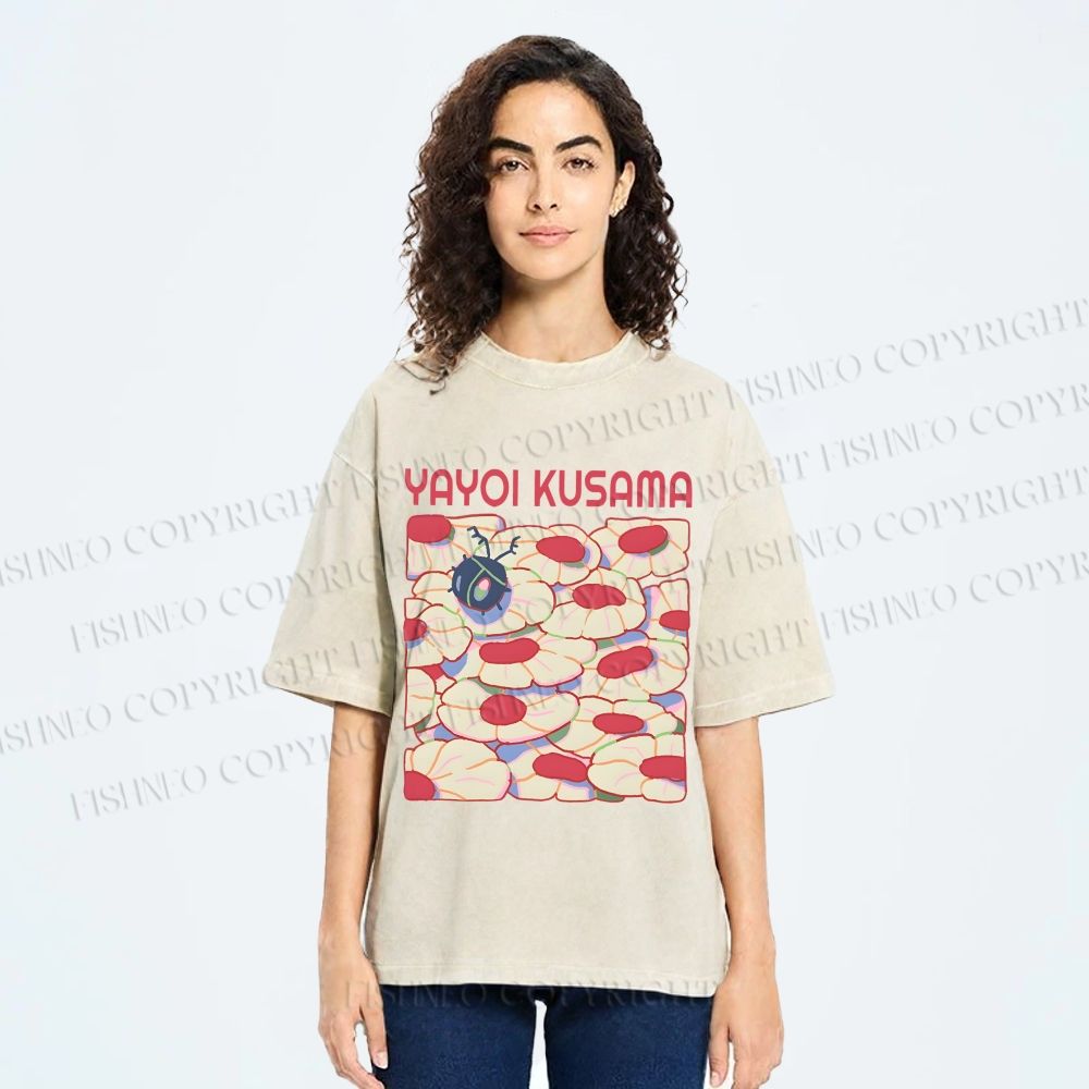 Unisex Yayoi Kusama Pink Daisy With Ladybug Printed Washed Tee