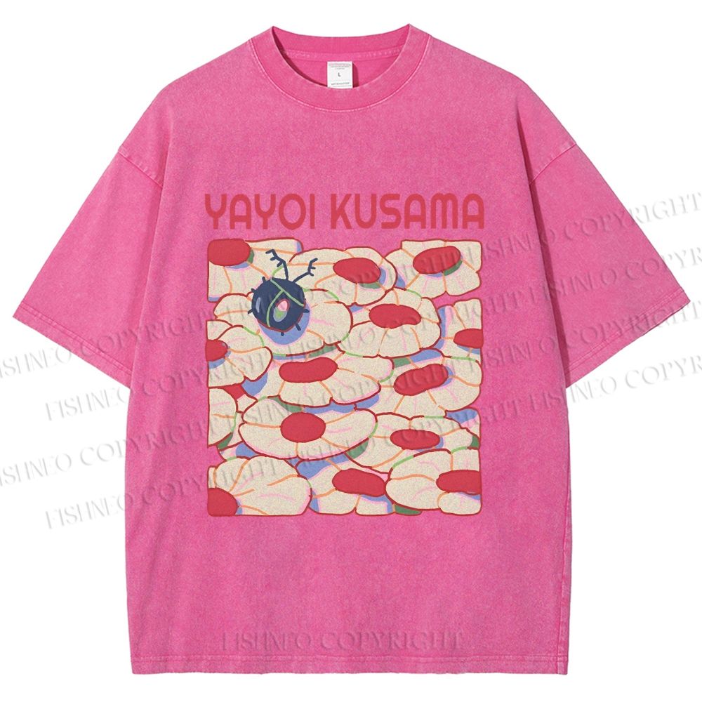 Unisex Yayoi Kusama Pink Daisy With Ladybug Printed Washed Tee