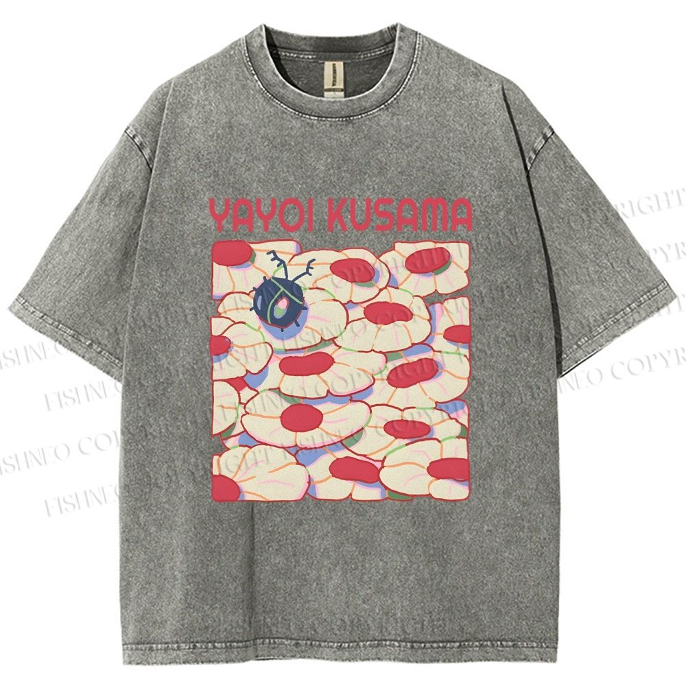 Unisex Yayoi Kusama Pink Daisy With Ladybug Printed Washed Tee
