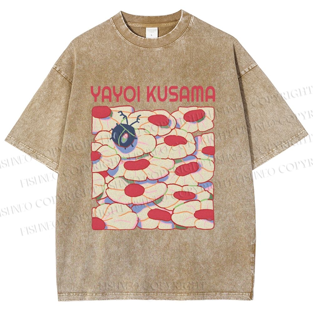 Unisex Yayoi Kusama Pink Daisy With Ladybug Printed Washed Tee