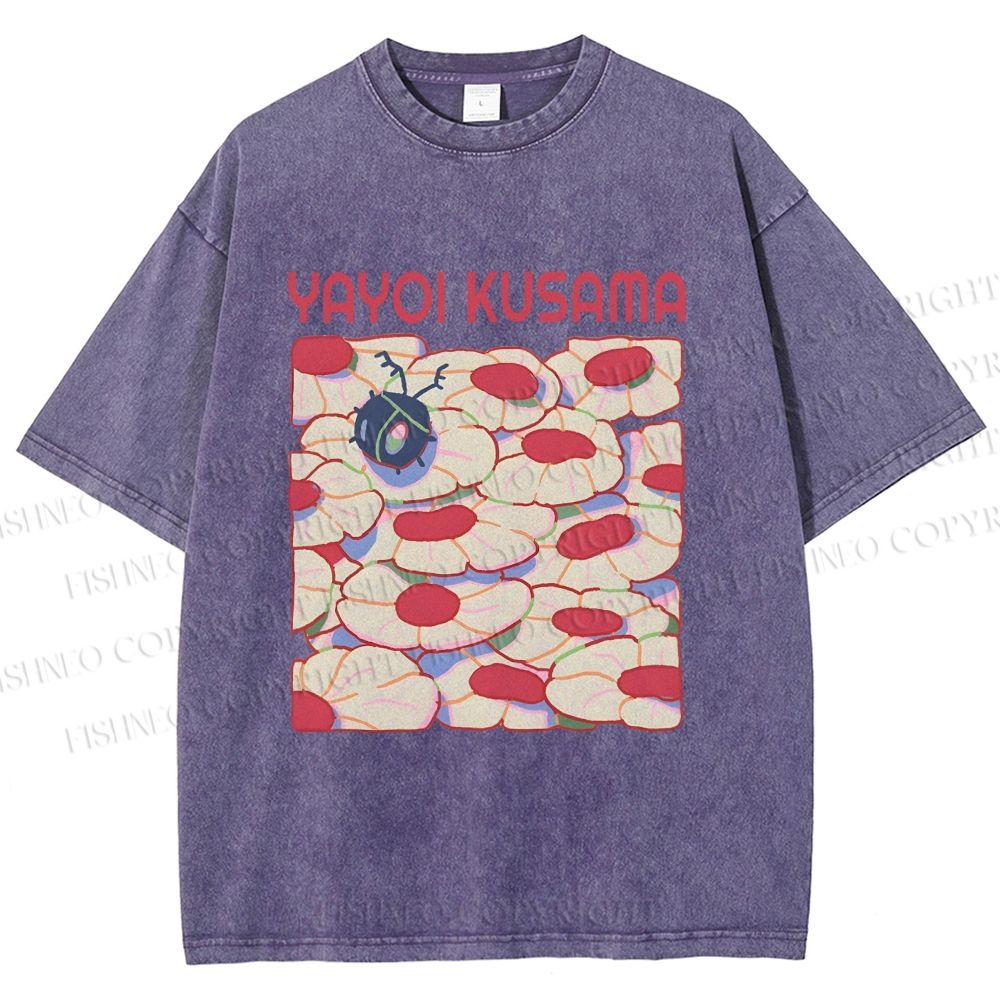 Unisex Yayoi Kusama Pink Daisy With Ladybug Printed Washed Tee