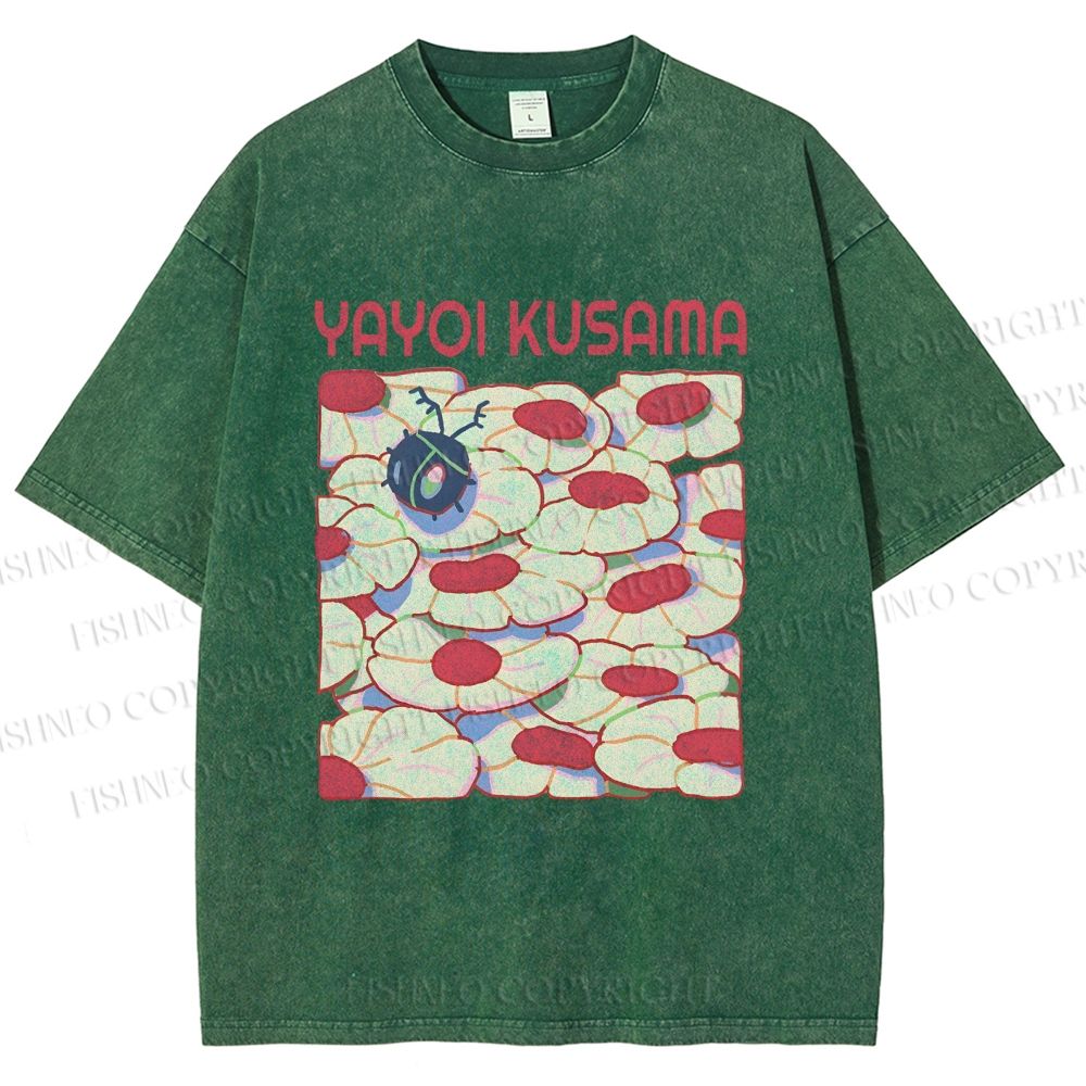 Unisex Yayoi Kusama Pink Daisy With Ladybug Printed Washed Tee