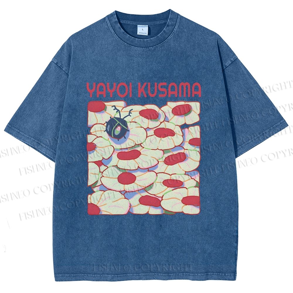 Unisex Yayoi Kusama Pink Daisy With Ladybug Printed Washed Tee
