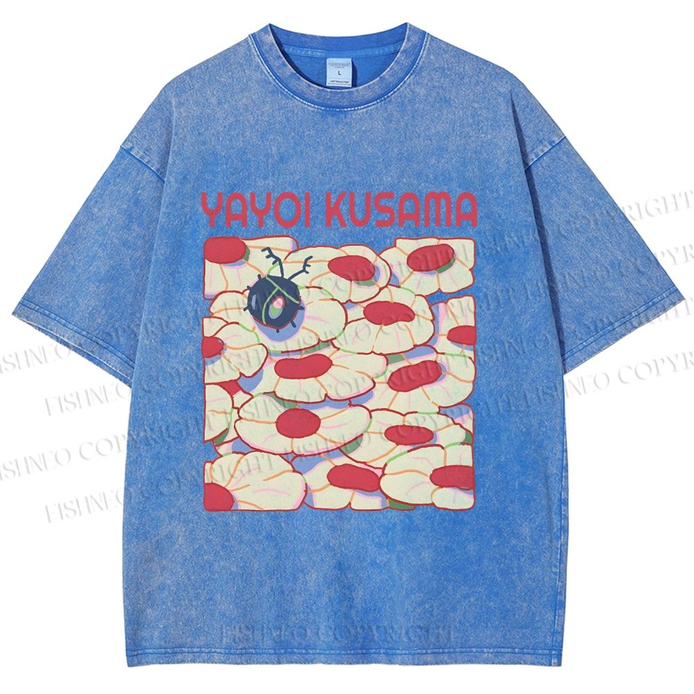 Unisex Yayoi Kusama Pink Daisy With Ladybug Printed Washed Tee