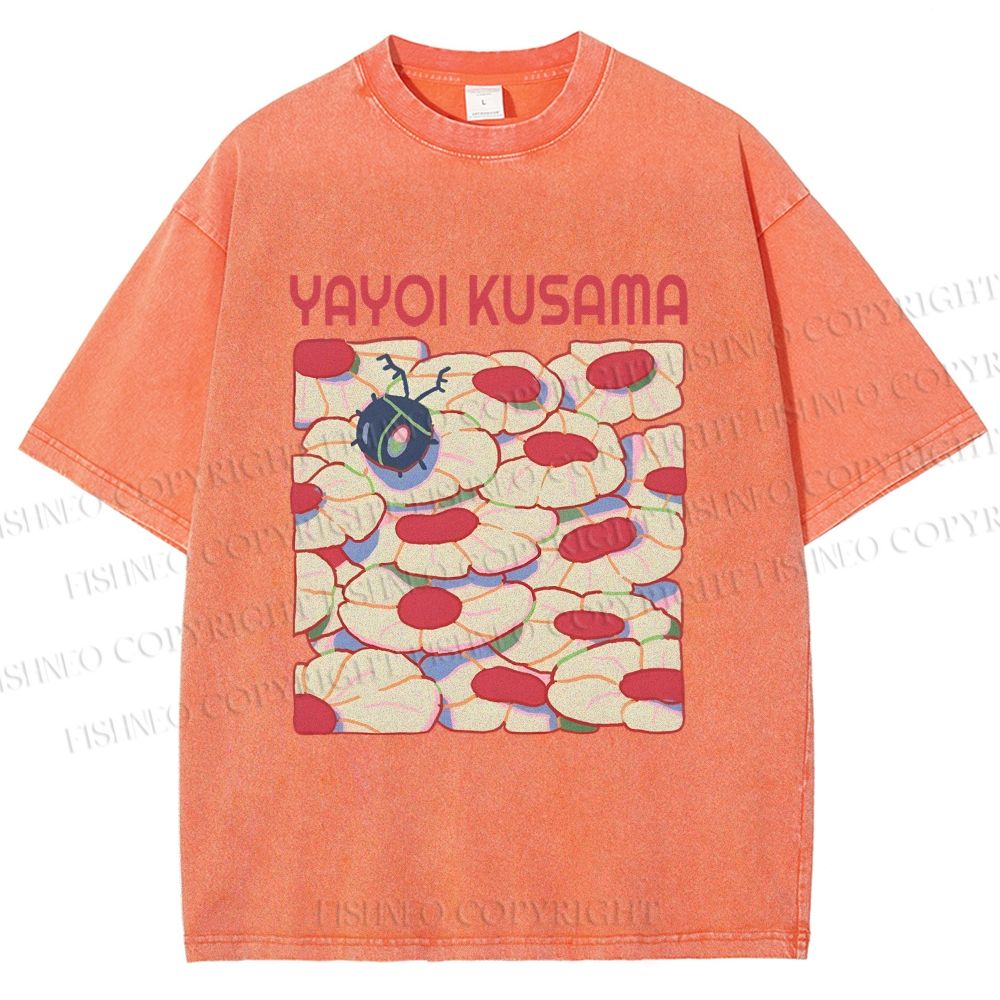 Unisex Yayoi Kusama Pink Daisy With Ladybug Printed Washed Tee