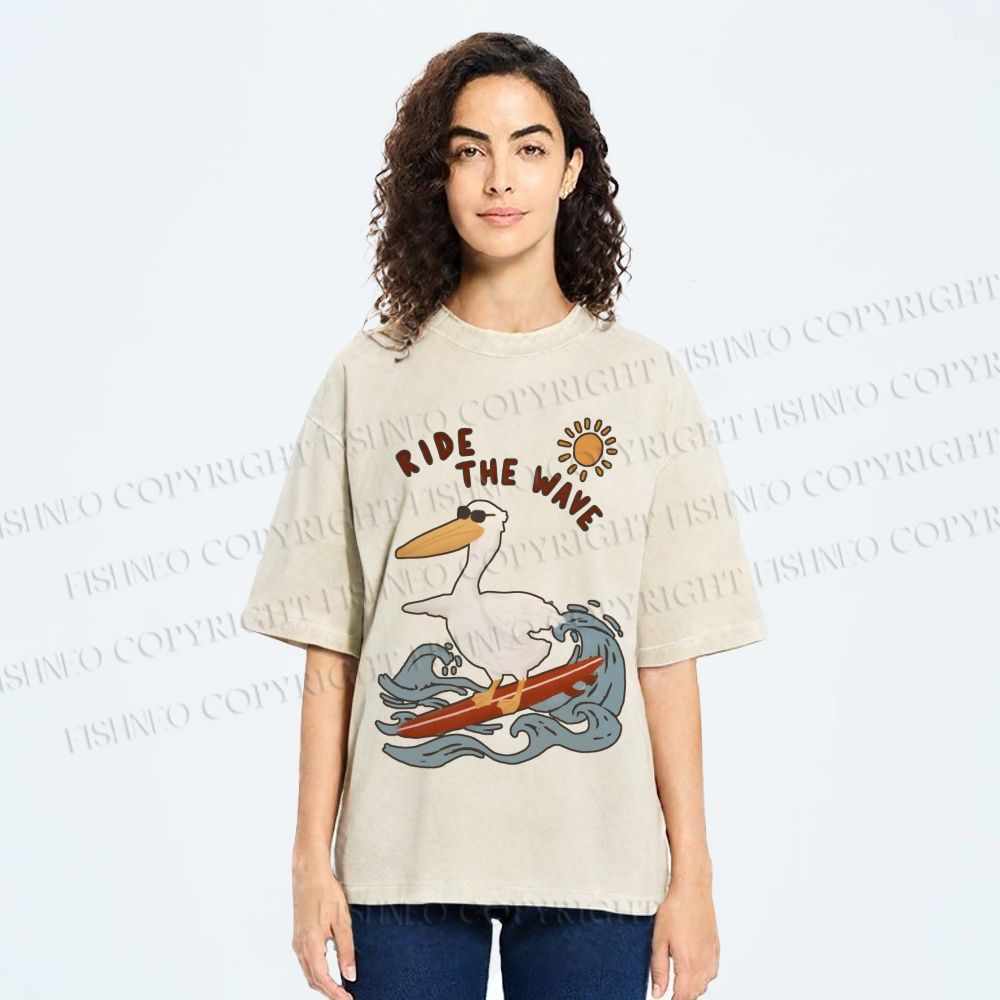 Unisex Chic Pelecanus Ride the Wave Printed Washed Tee