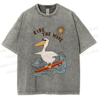 Unisex Chic Pelecanus Ride the Wave Printed Washed Tee