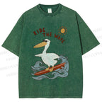 Unisex Chic Pelecanus Ride the Wave Printed Washed Tee
