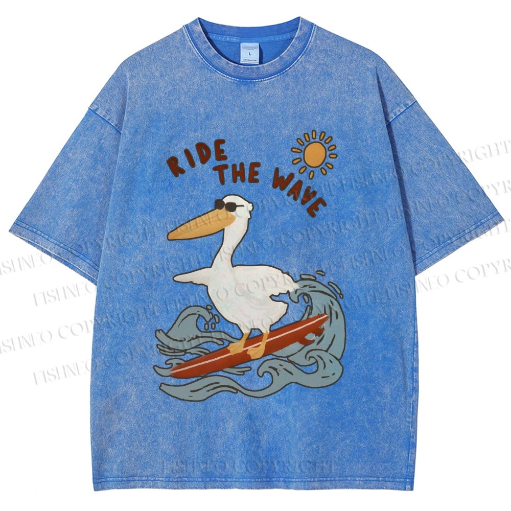 Unisex Chic Pelecanus Ride the Wave Printed Washed Tee