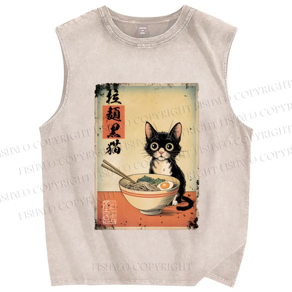 Unisex Ramen Black Cat Printed Washed Tank Top