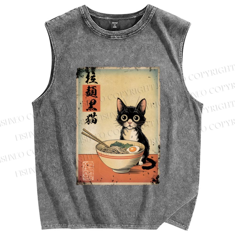 Unisex Ramen Black Cat Printed Washed Tank Top