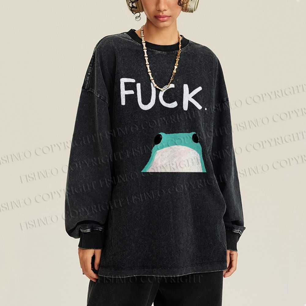 Unisex Casual Washed Fuck Frog Printed Long Sleeve T-shirt