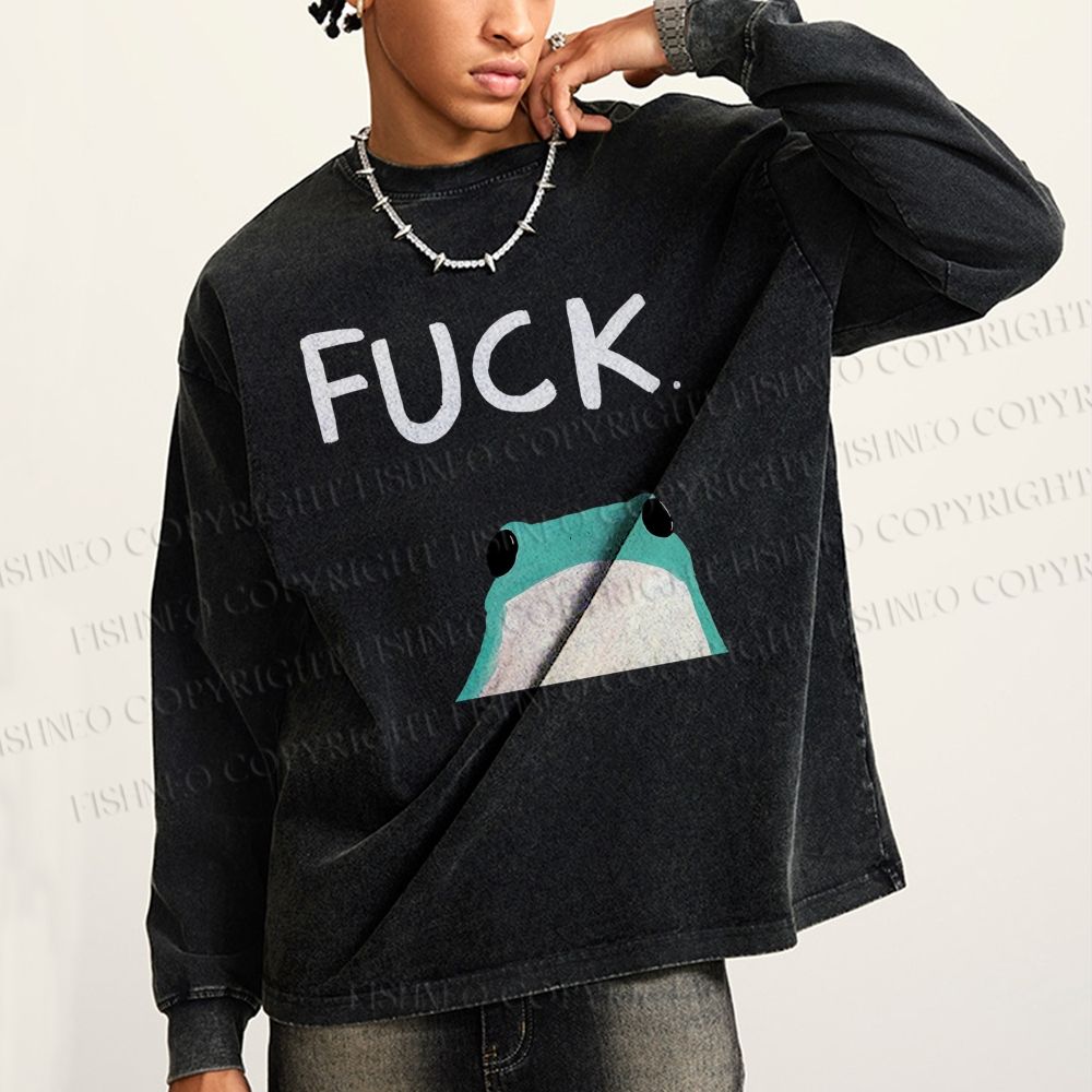 Unisex Casual Washed Fuck Frog Printed Long Sleeve T-shirt