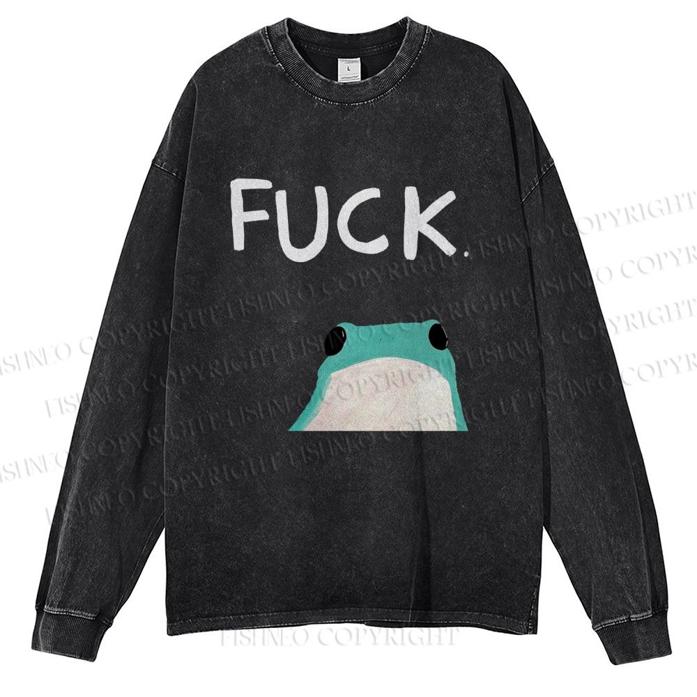 Unisex Casual Washed Fuck Frog Printed Long Sleeve T-shirt