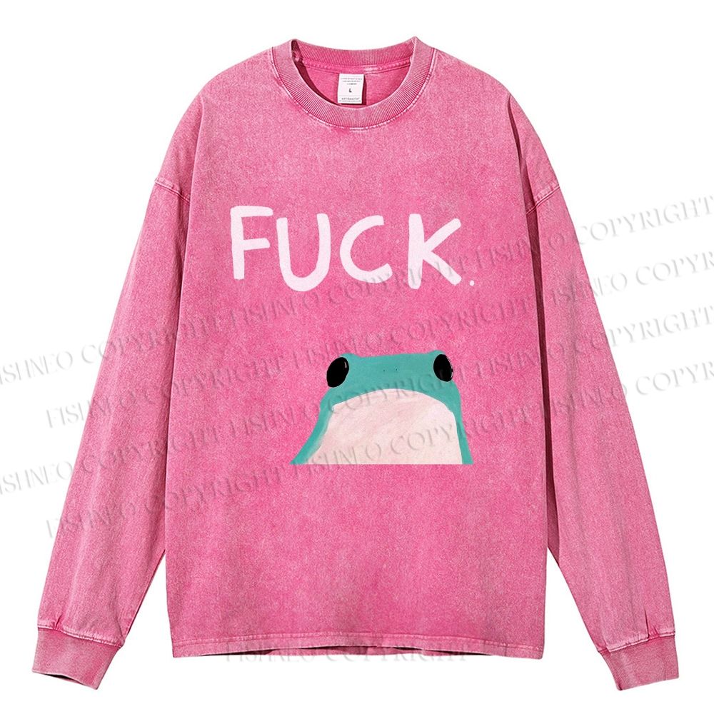 Unisex Casual Washed Fuck Frog Printed Long Sleeve T-shirt
