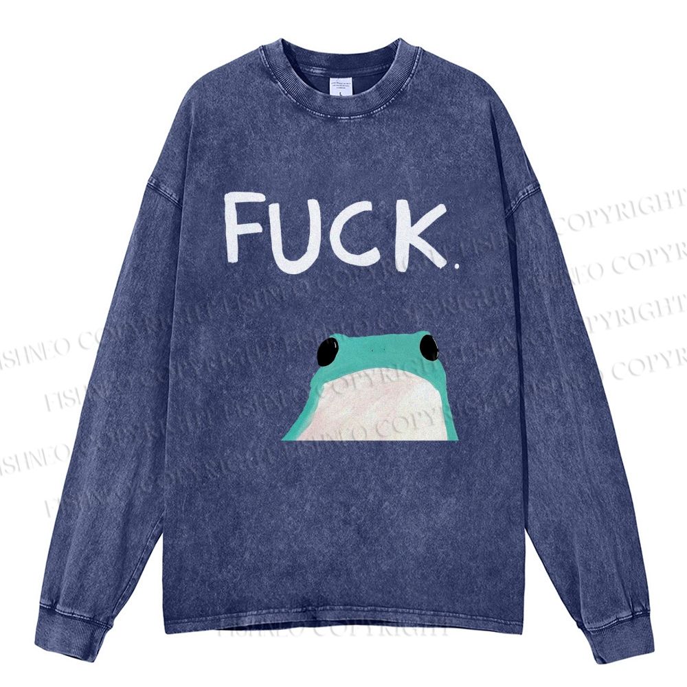 Unisex Casual Washed Fuck Frog Printed Long Sleeve T-shirt