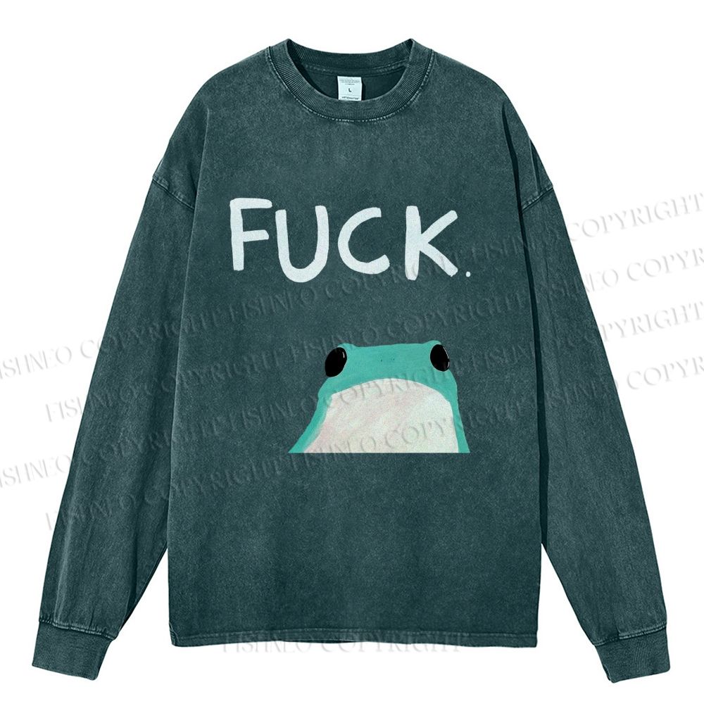 Unisex Casual Washed Fuck Frog Printed Long Sleeve T-shirt