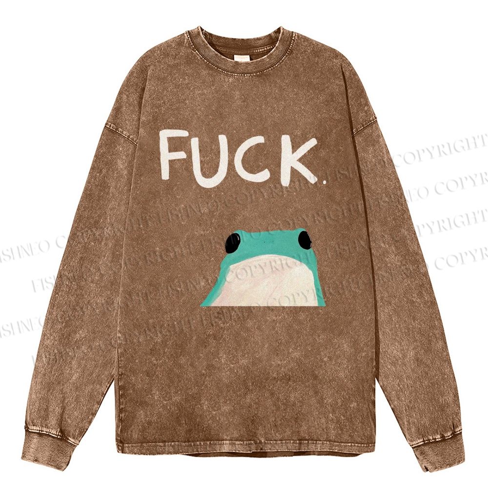 Unisex Casual Washed Fuck Frog Printed Long Sleeve T-shirt