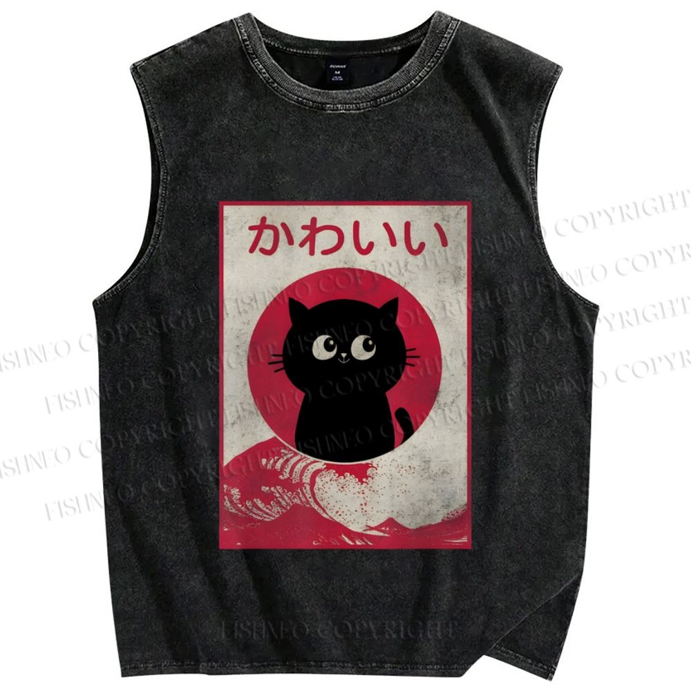 Unisex Vintage Kawaii Cat Printed Washed Tank Top