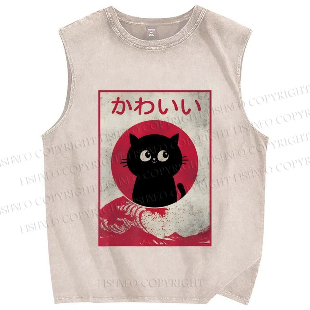 Unisex Vintage Kawaii Cat Printed Washed Tank Top