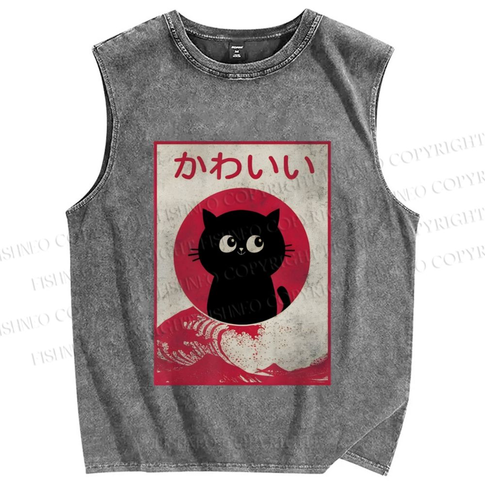 Unisex Vintage Kawaii Cat Printed Washed Tank Top