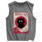 Unisex Vintage Kawaii Cat Printed Washed Tank Top
