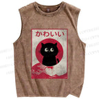 Unisex Vintage Kawaii Cat Printed Washed Tank Top