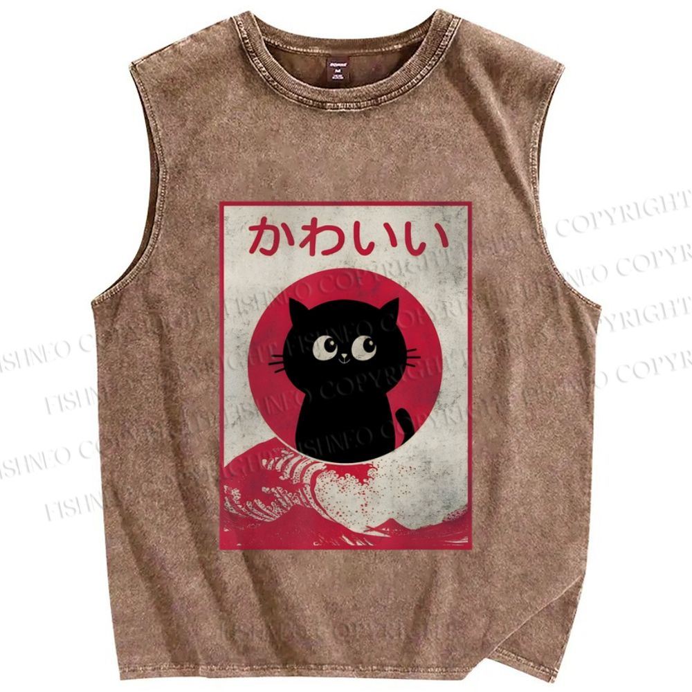 Unisex Vintage Kawaii Cat Printed Washed Tank Top