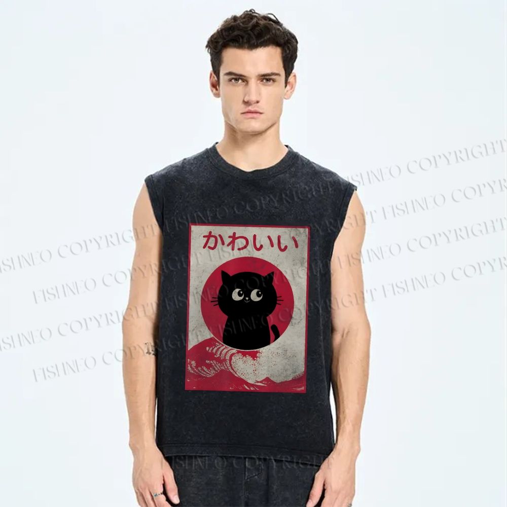 Unisex Vintage Kawaii Cat Printed Washed Tank Top