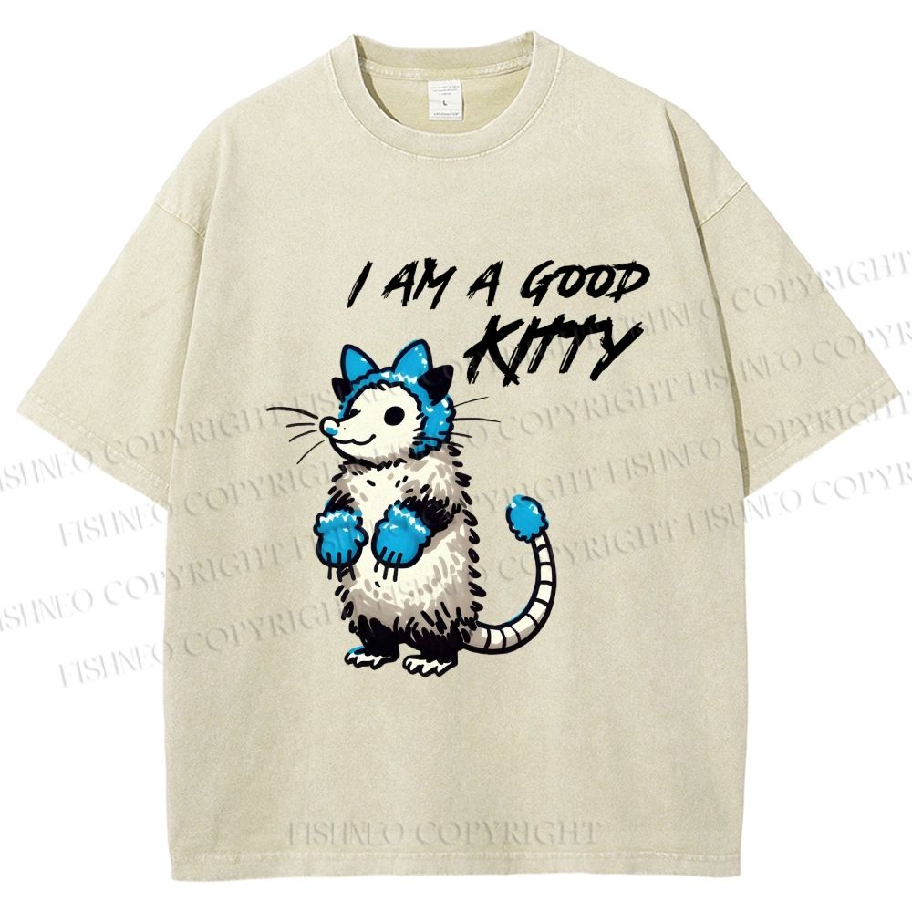 Unisex I Am A Good Kitty Opossum Printed Washed Tee