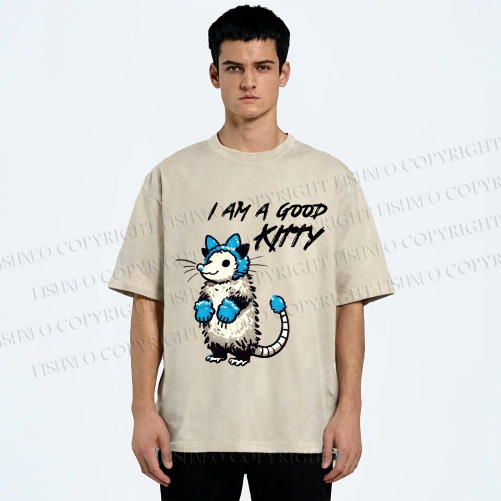 Unisex I Am A Good Kitty Opossum Printed Washed Tee