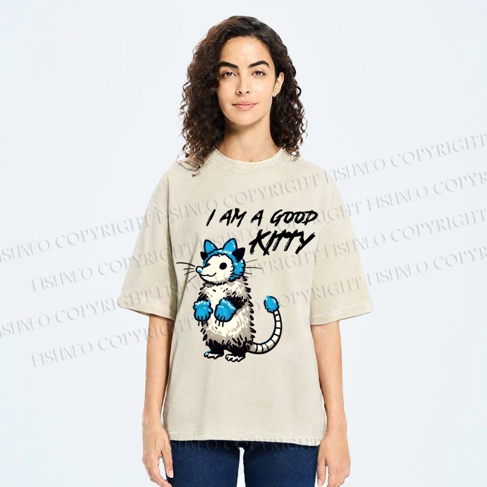 Unisex I Am A Good Kitty Opossum Printed Washed Tee