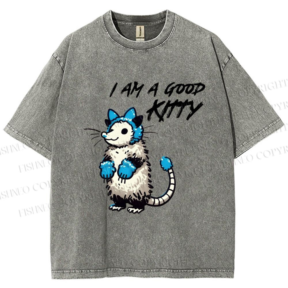 Unisex I Am A Good Kitty Opossum Printed Washed Tee