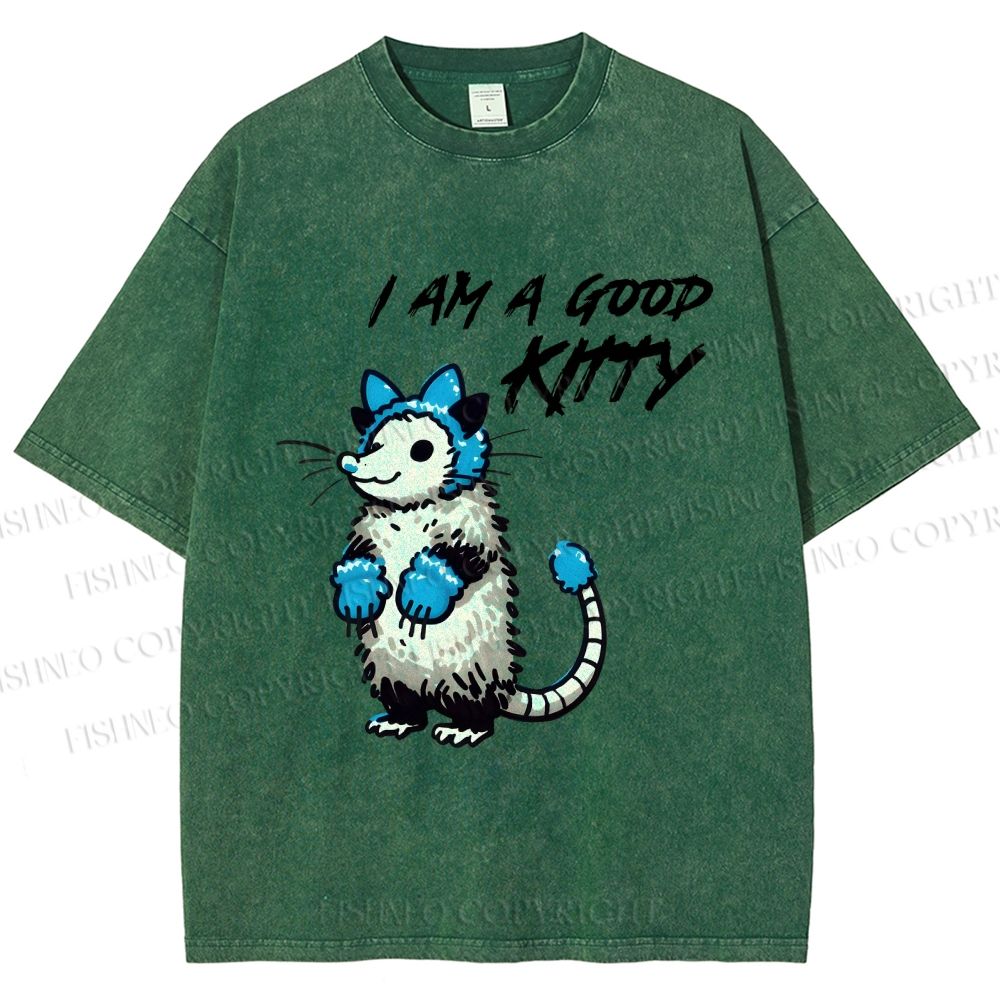 Unisex I Am A Good Kitty Opossum Printed Washed Tee